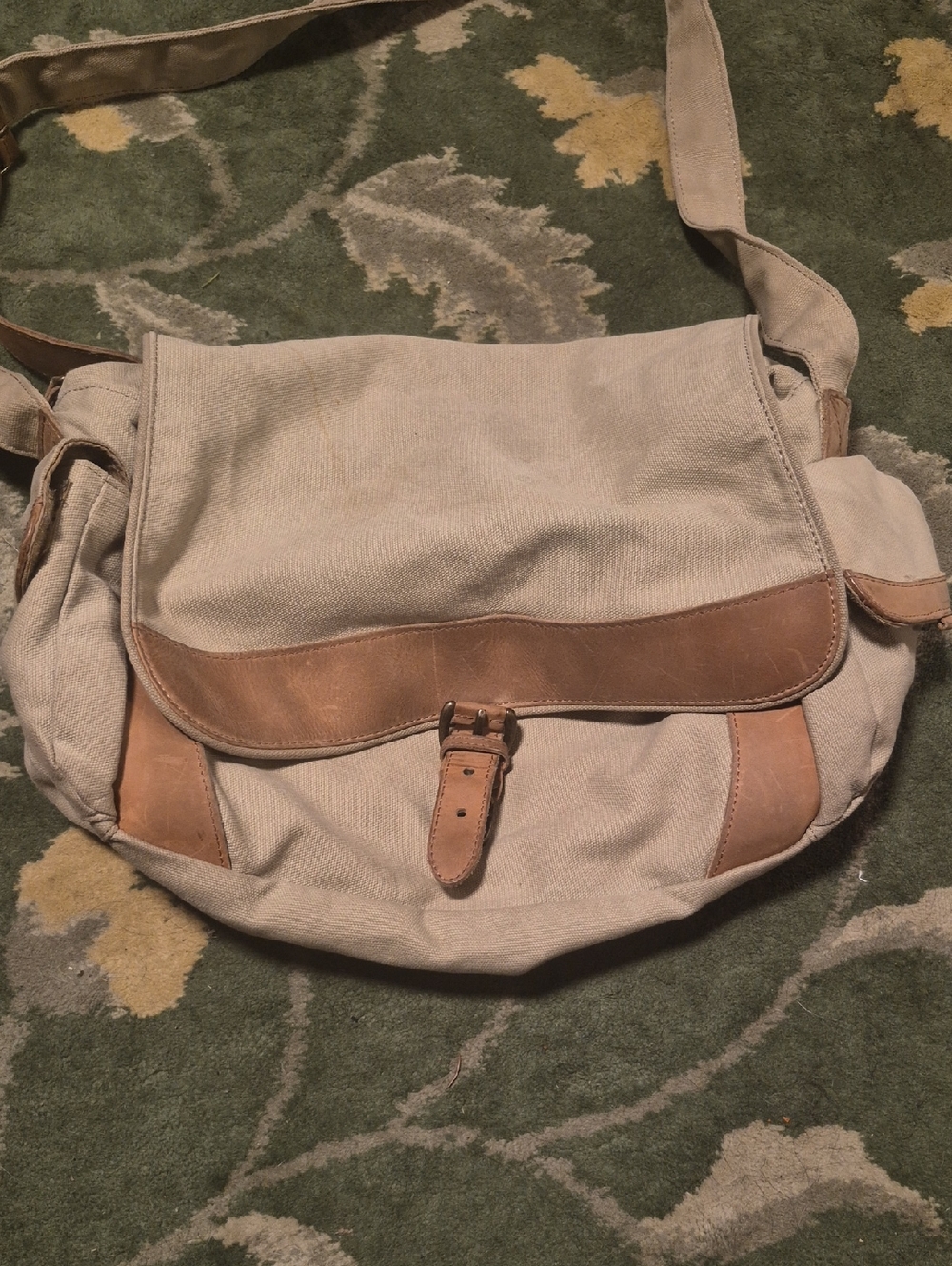 L.L. Bean Canvas Messenger Bag in Cream with Tan Leather Trim